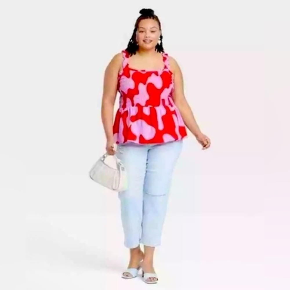 Ava & Viv abstract printed ruffle shoulder straps peplum smocked tank top X,1X